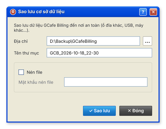 Hộp thoại Sao lưu cơ sở dữ liệu: địa chỉ lưu, tên thư mục, tùy chọn nén file (giao diện cổ điển)