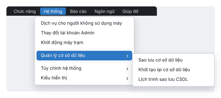 Menu Hệ thống › Quản lý cơ sở dữ liệu: Sao lưu, Khởi tạo lại, Lịch trình sao lưu (giao diện mới)