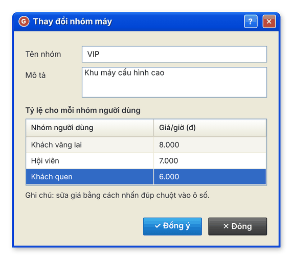 Hộp thoại Thay đổi nhóm máy: tên nhóm, mô tả và bảng giá cho từng nhóm người dùng (giao diện cổ điển)