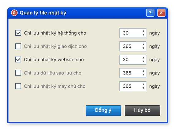 Hộp thoại Quản lý file nhật ký với số ngày lưu cho từng loại nhật ký (giao diện cổ điển)