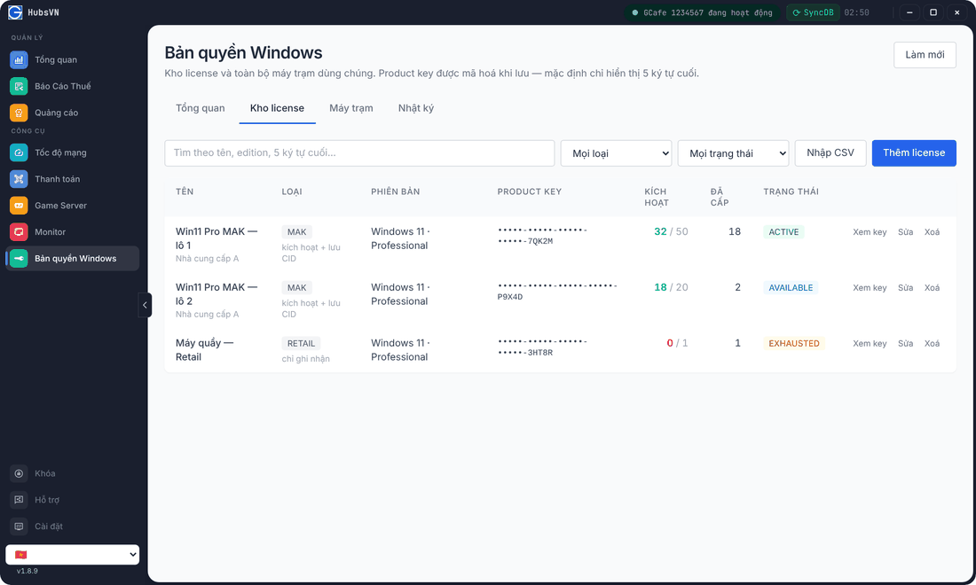 License pool: licenses with type, version, masked key, activations and status