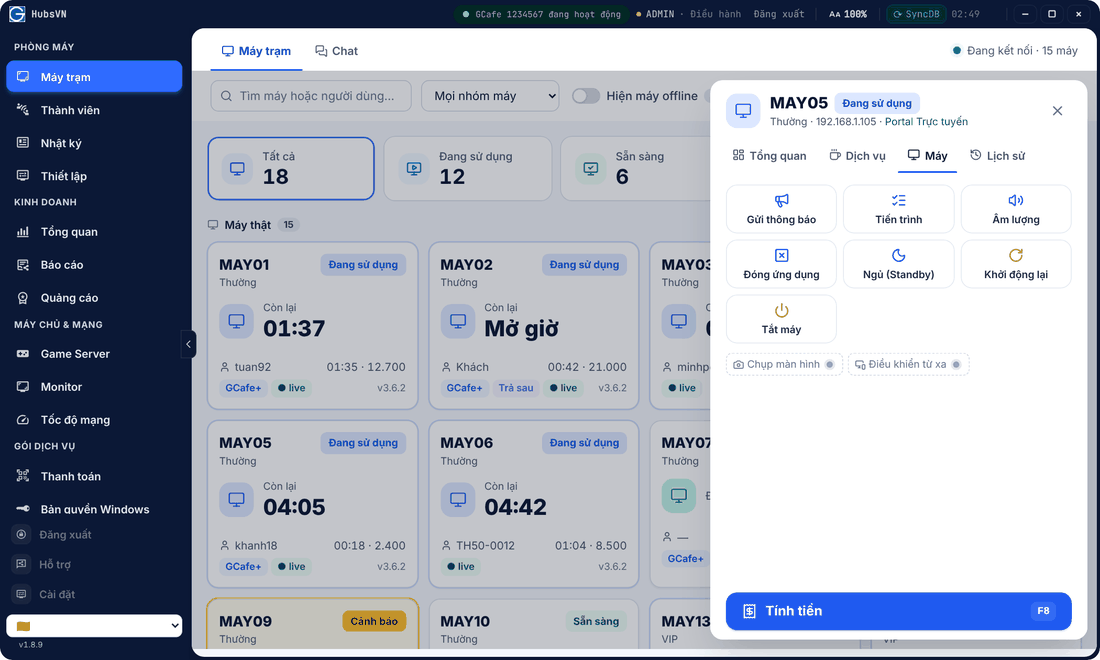 Thẻ Máy với các nút Gửi thông báo, Tiến trình, Âm lượng, Đóng ứng dụng, Ngủ, Khởi động lại, Tắt máy