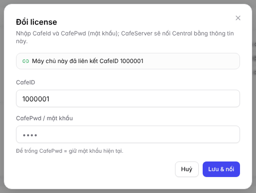 Hộp thoại Đổi license