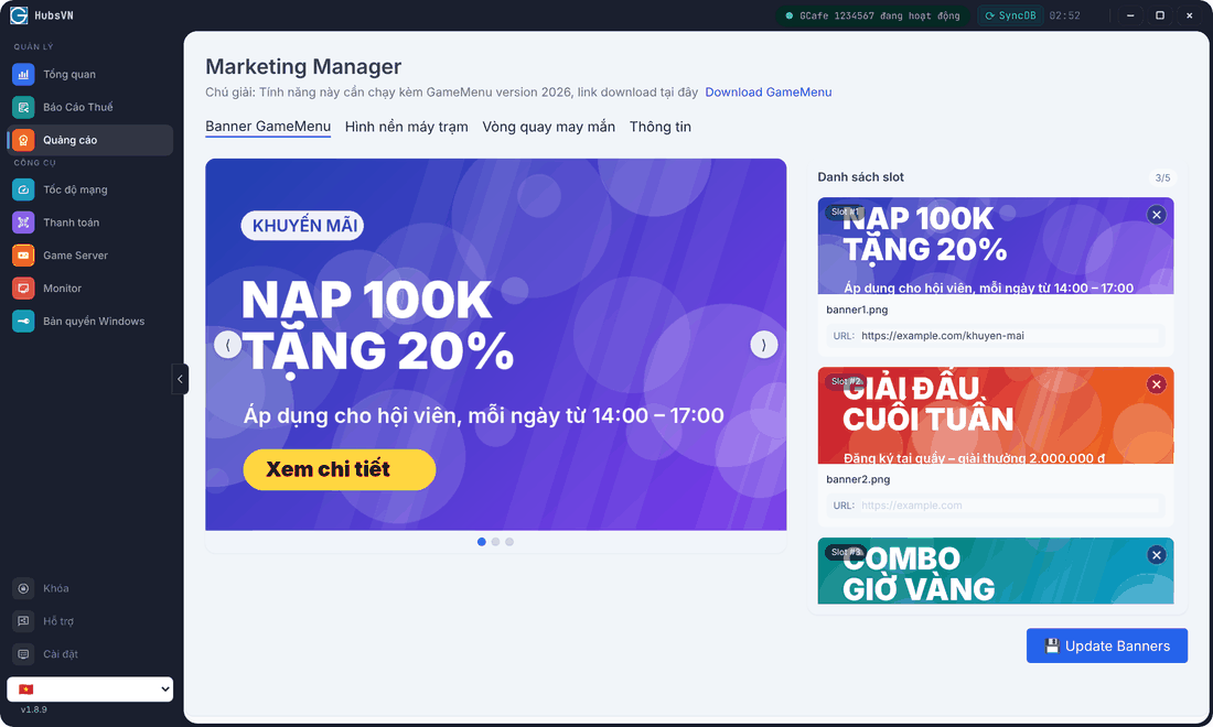 Thẻ Banner GameMenu: khung xem trước bên trái và danh sách 5 slot bên phải