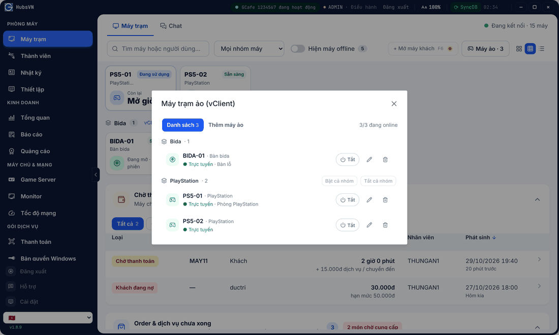 Virtual machine list with BIDA-01, PS5-01, PS5-02 and On, Group off buttons