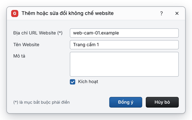 Hộp thoại Thêm hoặc sửa đổi không chế website (giao diện mới)