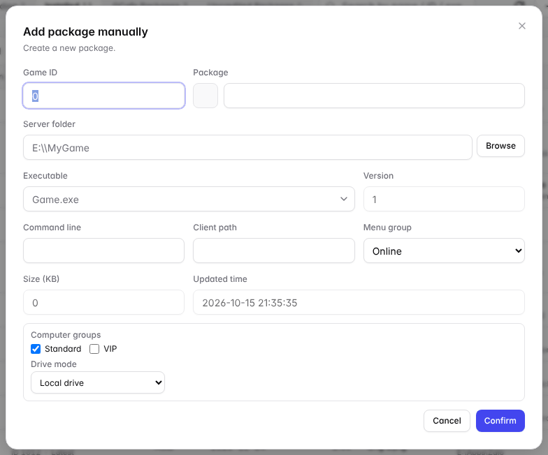 Add package manually dialog