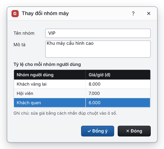 Hộp thoại Thay đổi nhóm máy: tên nhóm, mô tả và bảng giá cho từng nhóm người dùng (giao diện mới)