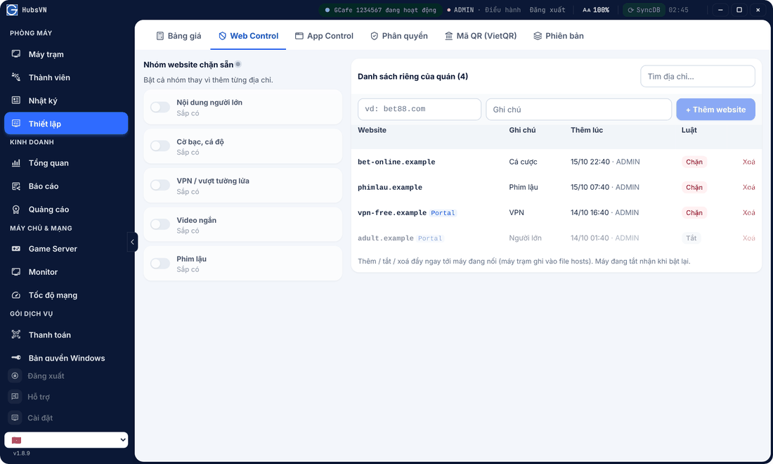 Web Control with preset website groups and the shop’s own list