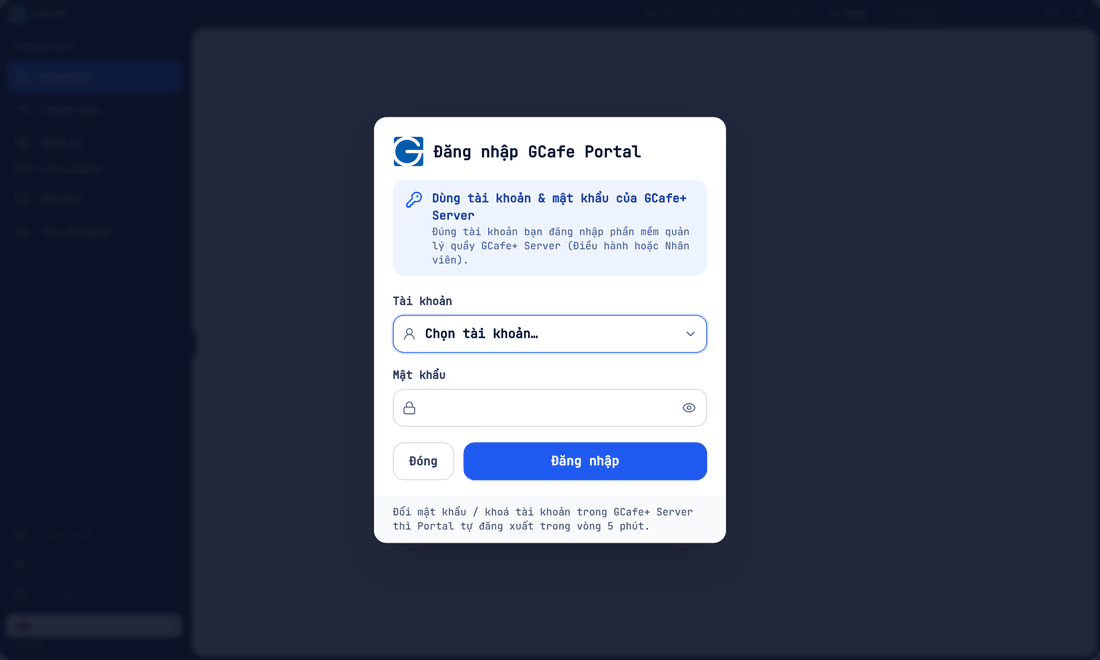 GCafe Portal sign-in dialog with a GCafe+ Server account picker and password field