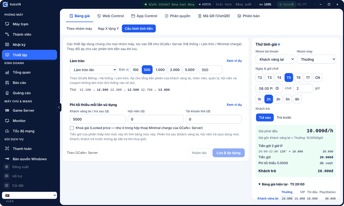 Billing settings tab with rounding up to 500 and a minimum fee per use
