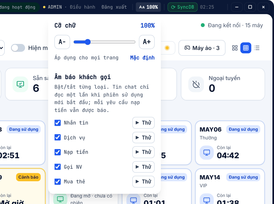 Bảng cỡ chữ và Âm báo khách gọi với các loại Nhắn tin, Dịch vụ, Nạp tiền, Gọi NV, Mua thẻ