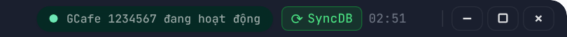 Title bar with the GCafe expiry status, the SyncDB button and the countdown to the next sync