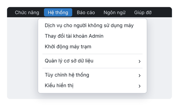 Menu Hệ thống của GCafe Billing (giao diện mới)