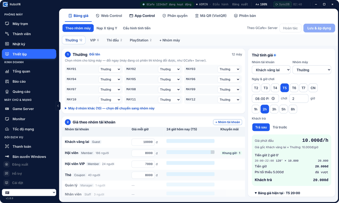 By machine group tab: PCs assigned to Thường, VIP and prices per account group, with the price test on the right