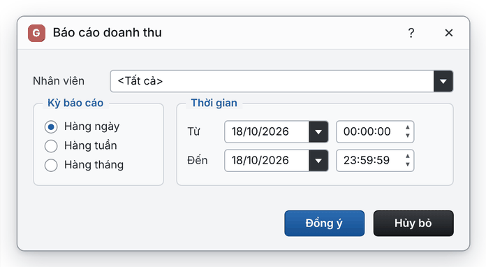 Hộp thoại Báo cáo doanh thu: chọn nhân viên, kiểu kỳ và khoảng thời gian (giao diện mới)