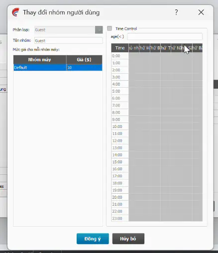Pengaturan tarif per grup PC dan jadwal jam dalam seminggu