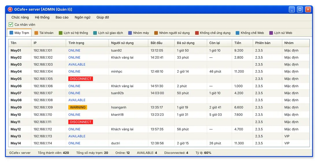 GCafe Billing tampilan Classic: daftar PC client