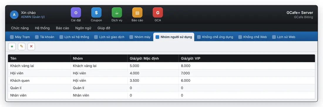 Grup pengguna dan tarif per grup