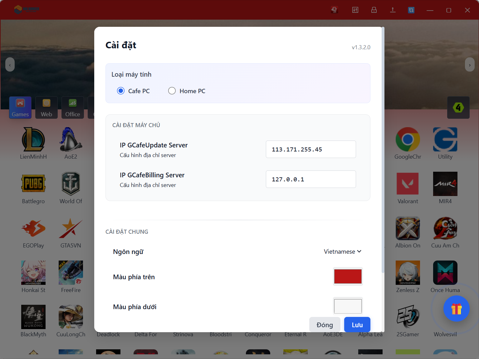 Cửa sổ Cài đặt GameMenu với lựa chọn Cafe PC, ô nhập IP GCafeUpdate Server, IP GCafeBilling Server, ngôn ngữ và màu giao diện