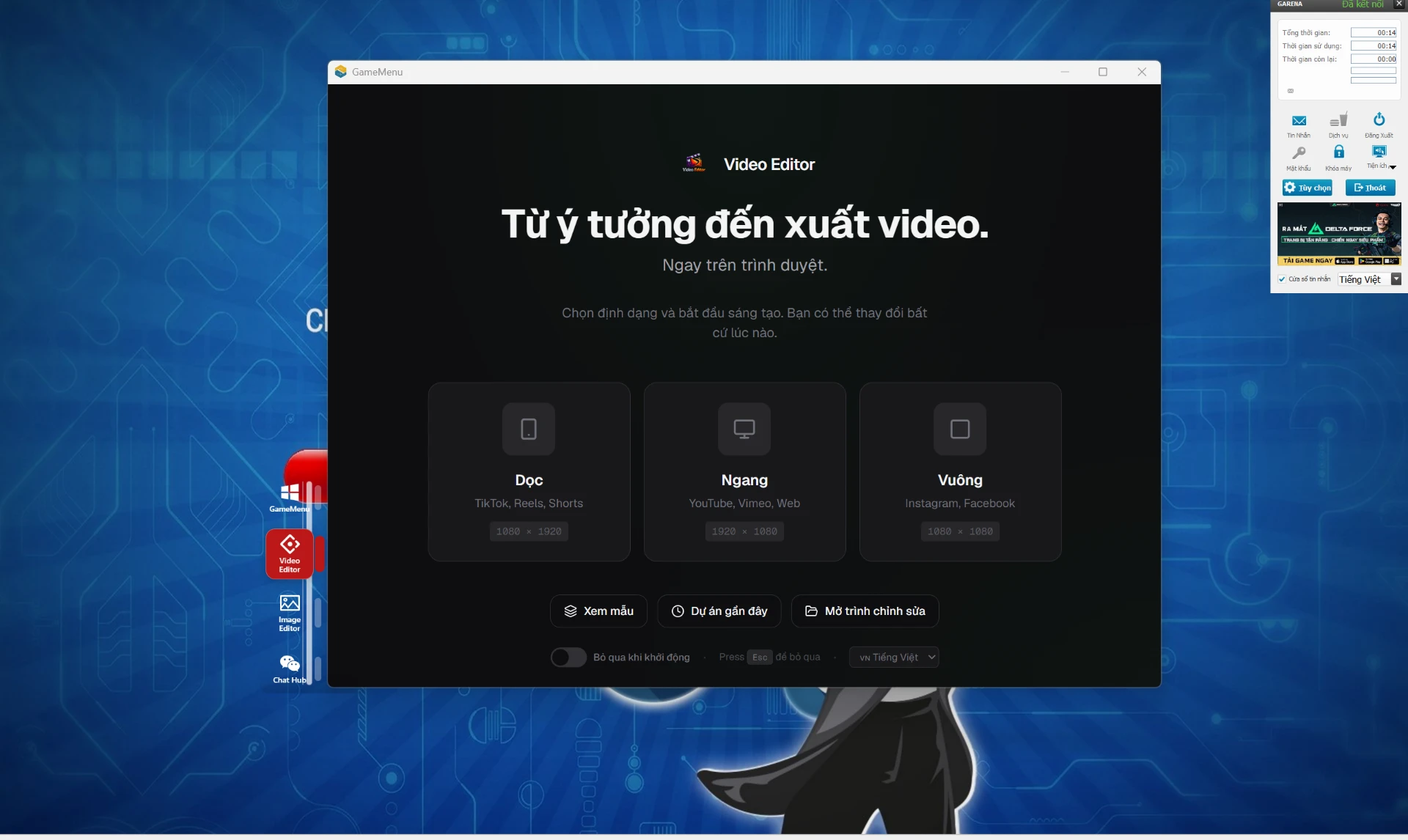 Màn hình Video Editor trong GameMenu cho chọn khung hình Dọc, Ngang, Vuông để bắt đầu dựng video