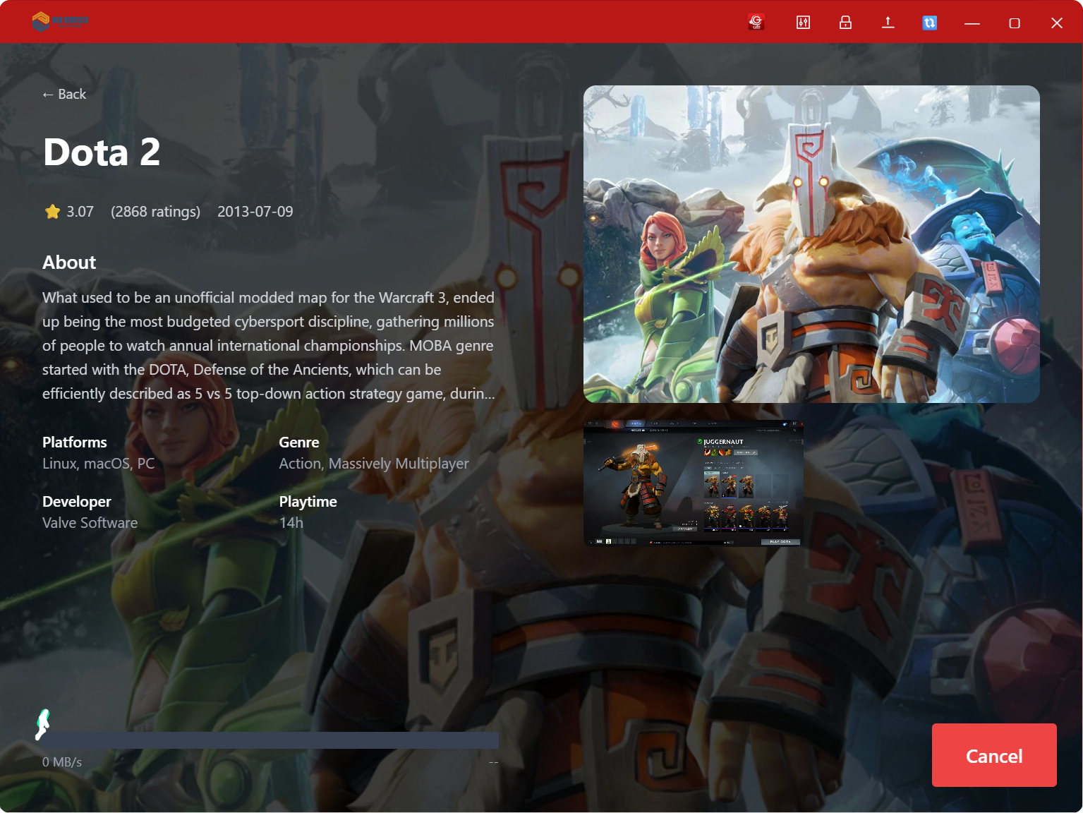 Trang chi tiết game Dota 2 trong GameMenu hiển thị điểm đánh giá, mô tả, Platforms, Genre, Developer, Playtime, ảnh game, thanh tiến trình MB/s và nút Cancel
