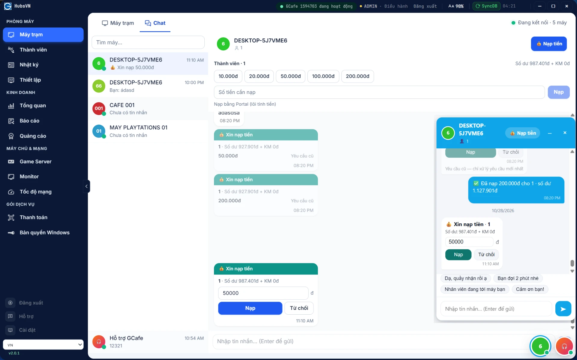 GCafe+ Billing tab Chat: danh sách máy đang nhắn, thẻ Xin nạp tiền có nút Nạp và Từ chối, các mức tiền nạp nhanh và cửa sổ chat với câu trả lời nhanh