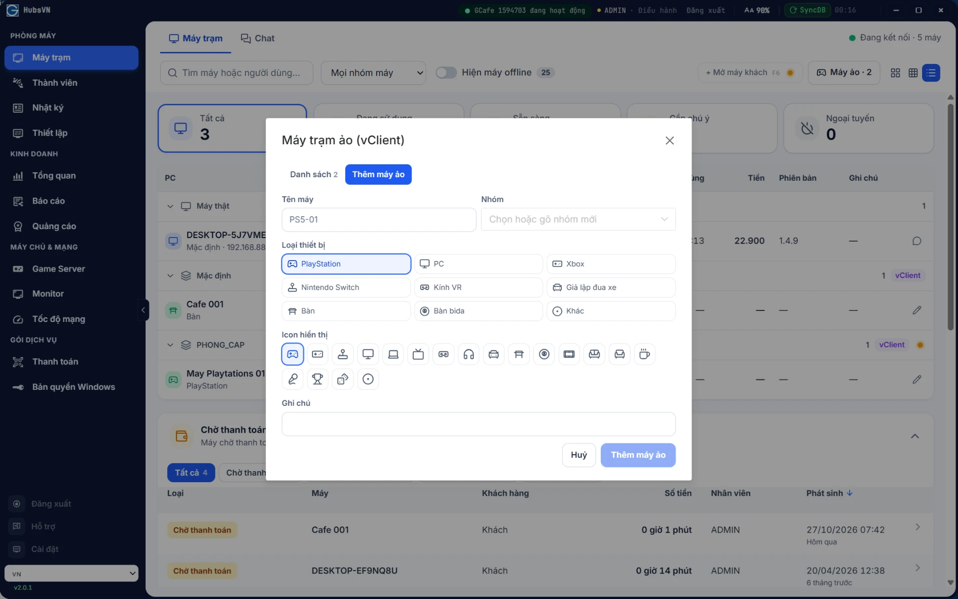 Cửa sổ Thêm máy ảo (vClient) trong GCafe Portal: nhập tên máy, chọn nhóm, loại thiết bị như PlayStation, Xbox, bàn bida và icon hiển thị