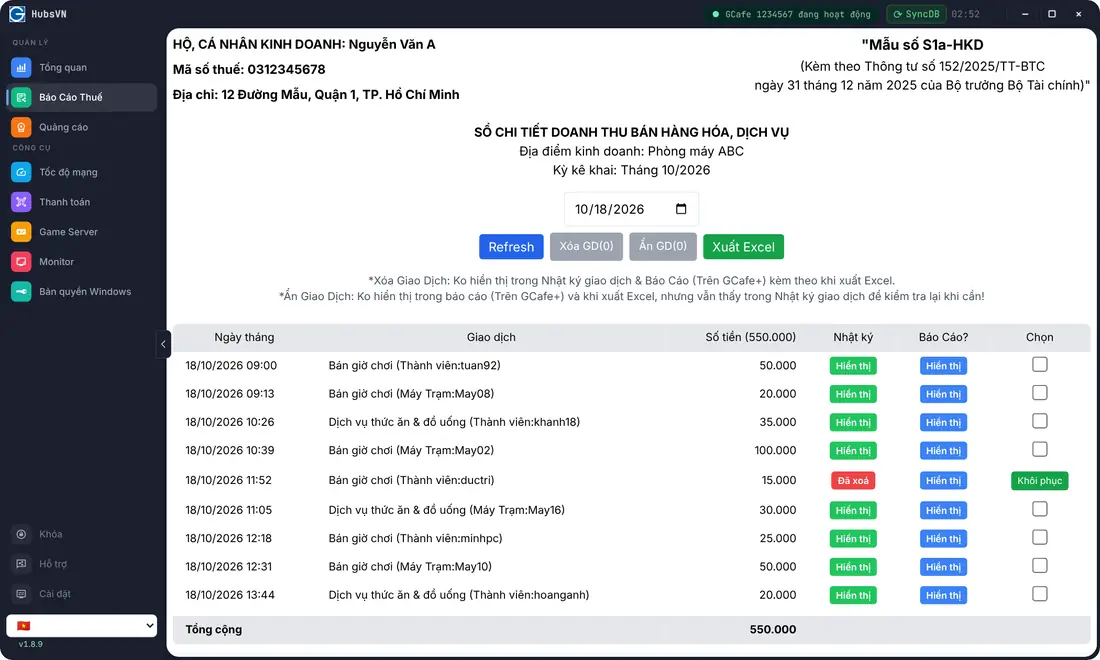 GCafe Portal: revenue book in form S1a-HKD